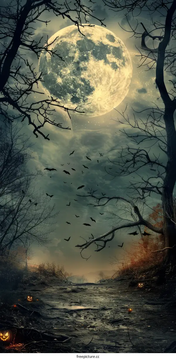 Full Moon Night in the Dark and Eerie Forest with Bats and Pumpkins