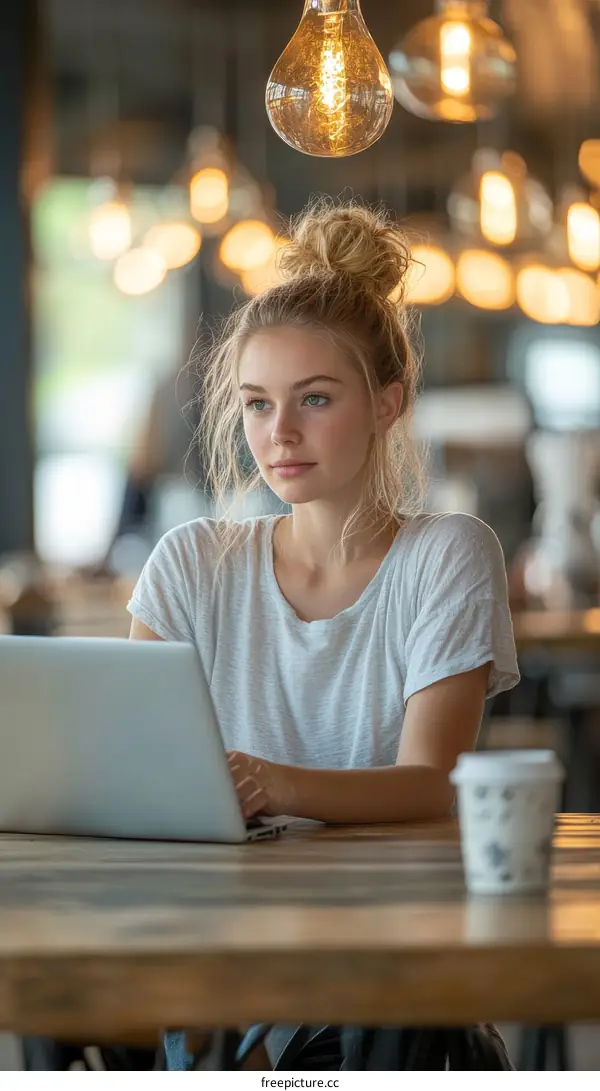 Young Woman Working on Laptop in Cafe