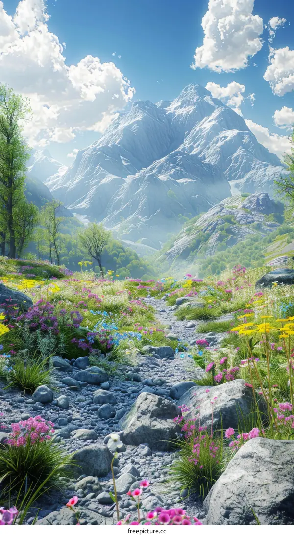 Serene Mountain Stream in Lush Meadow