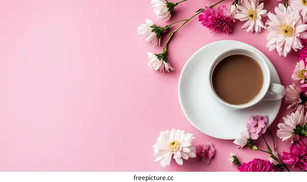 Cup of Coffee with Flowers on Pink Background