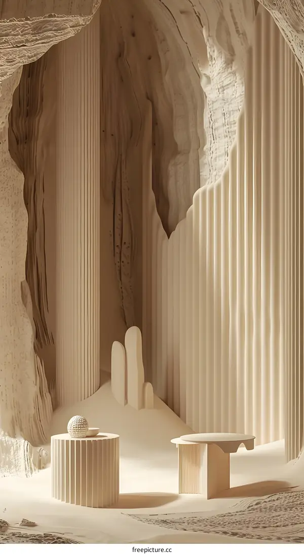 Abstract Minimalist 3D Render of Beige Cave with Two Round Tables