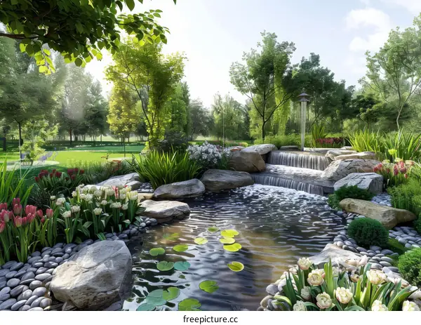 Zen Garden with a Tranquil Waterfall and Lotus Pond
