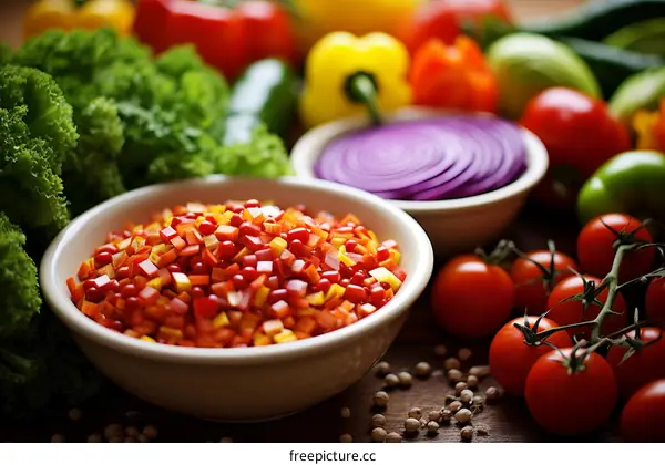 A bowl of diced bell peppers and a bowl of sliced red onion with other vegetables in the background