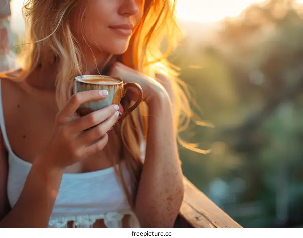 Young blonde woman drinking coffee and enjoying the sunset