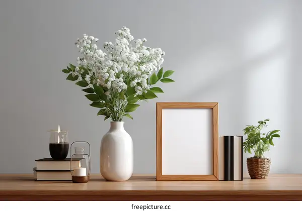 Stylish Home Decor Mockup with Empty Frame and Flowers