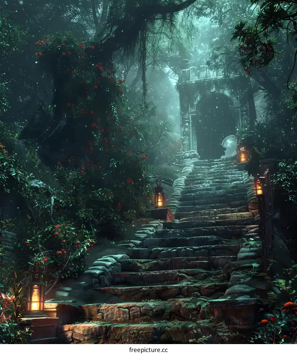 Enchanted Forest Stairway Leading to Ancient Temple Ruins