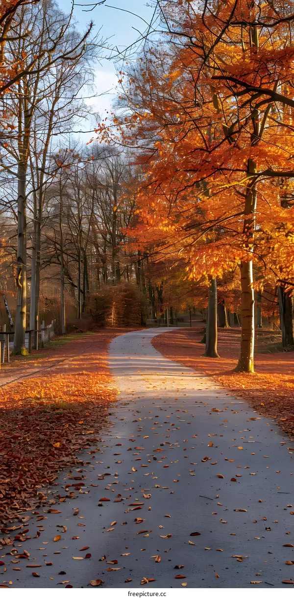 Autumn Path Through Forest with Fallen Leaves
