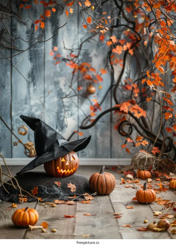 Halloween Pumpkin with Witch Hat
