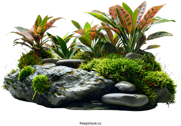 [Transparent Background PNG]Green moss and plants on the rock