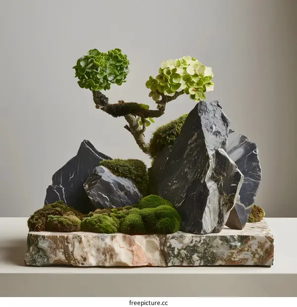 Small Green Bonsai Tree on Stone and Moss