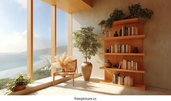 Coastal Modern Reading Nook with Wooden Bookshelf