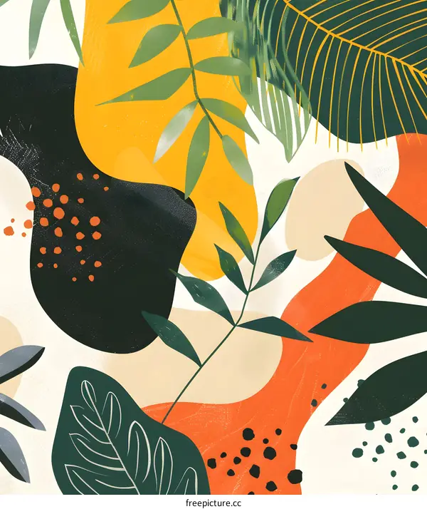 Abstract Tropical Leaves Illustration with Yellow Orange and Green Colors