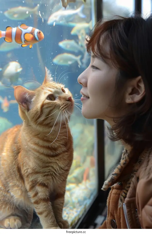 A ginger cat and a woman are looking at each other through a glass window
