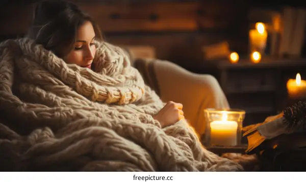 cozy caucasian woman relaxing by candlelight with book