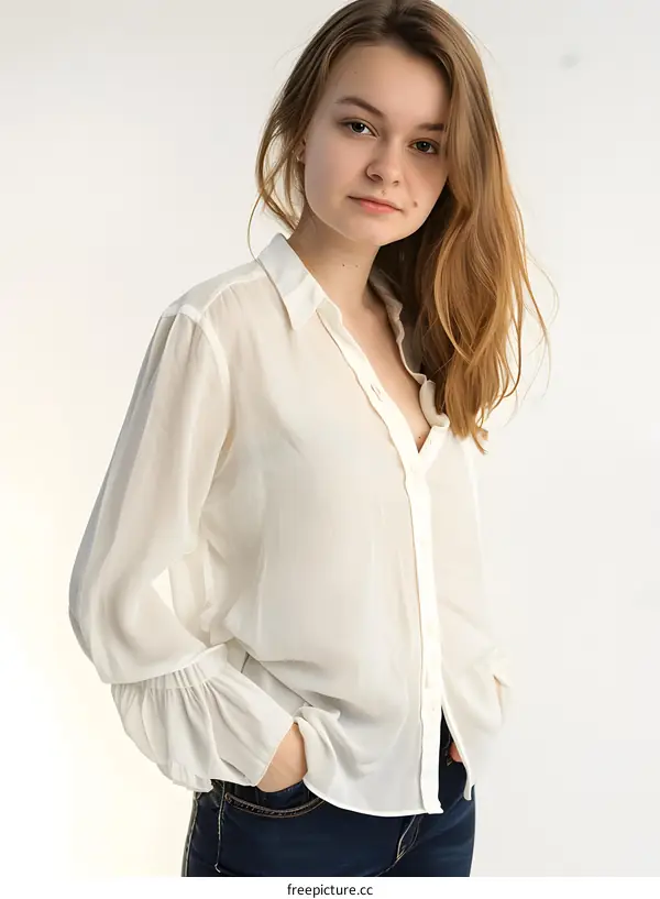 Young Woman with Long Brown Hair in a White Shirt
