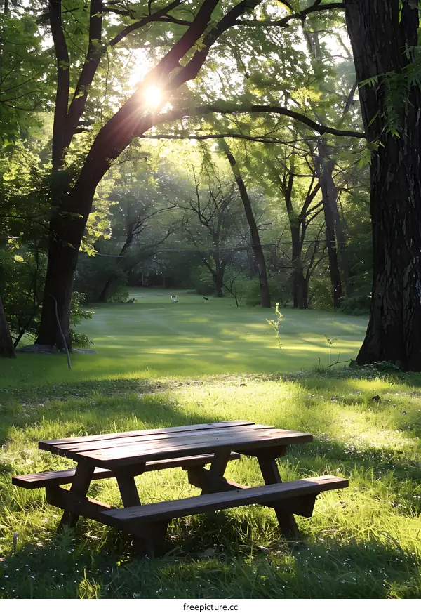 rays of light shining through the forest trees onto a wooden picnic table