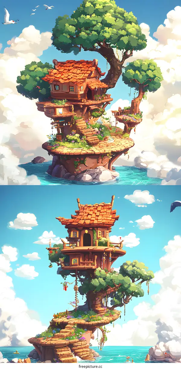 Fantasy Treehouse on a Cliff Overlooking the Sea