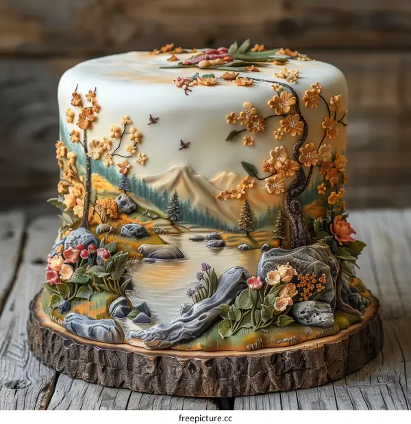 A cake decorated with a beautiful landscape
