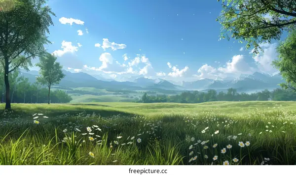 Tranquil Nature Landscape with Green Fields and Majestic Mountains