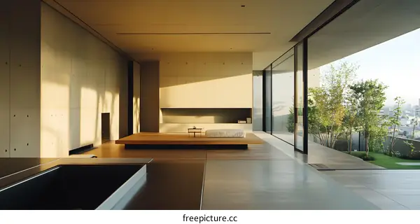 Modern Minimalist Home Interior Design with Concrete Walls and Large Windows