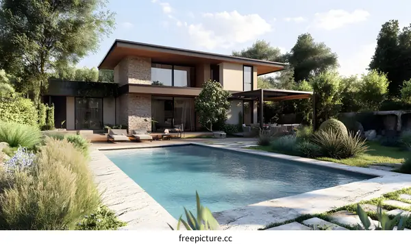 Modern House with Swimming Pool and Lush Greenery