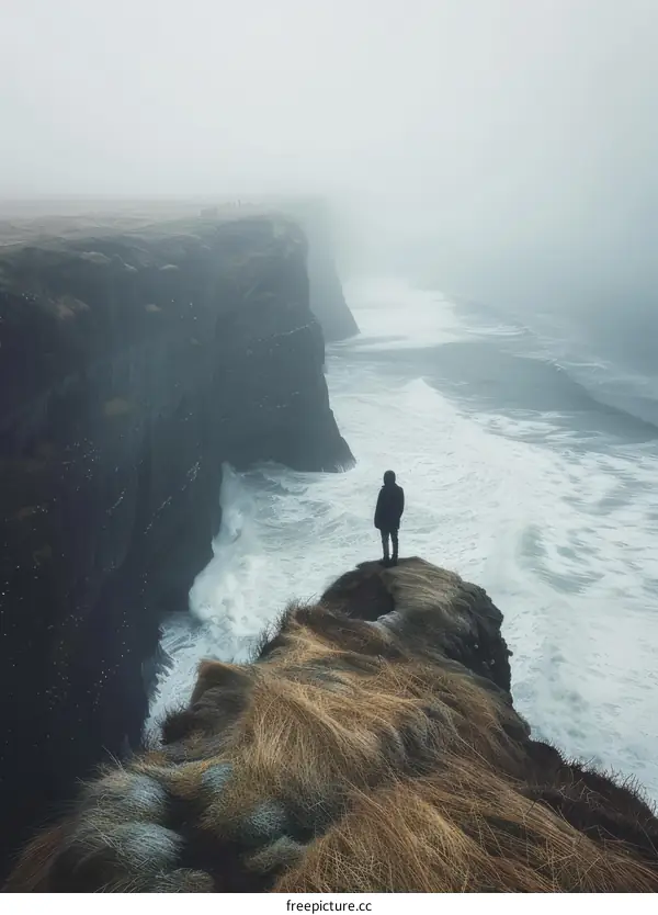 Man standing on a cliff overlooking the ocean