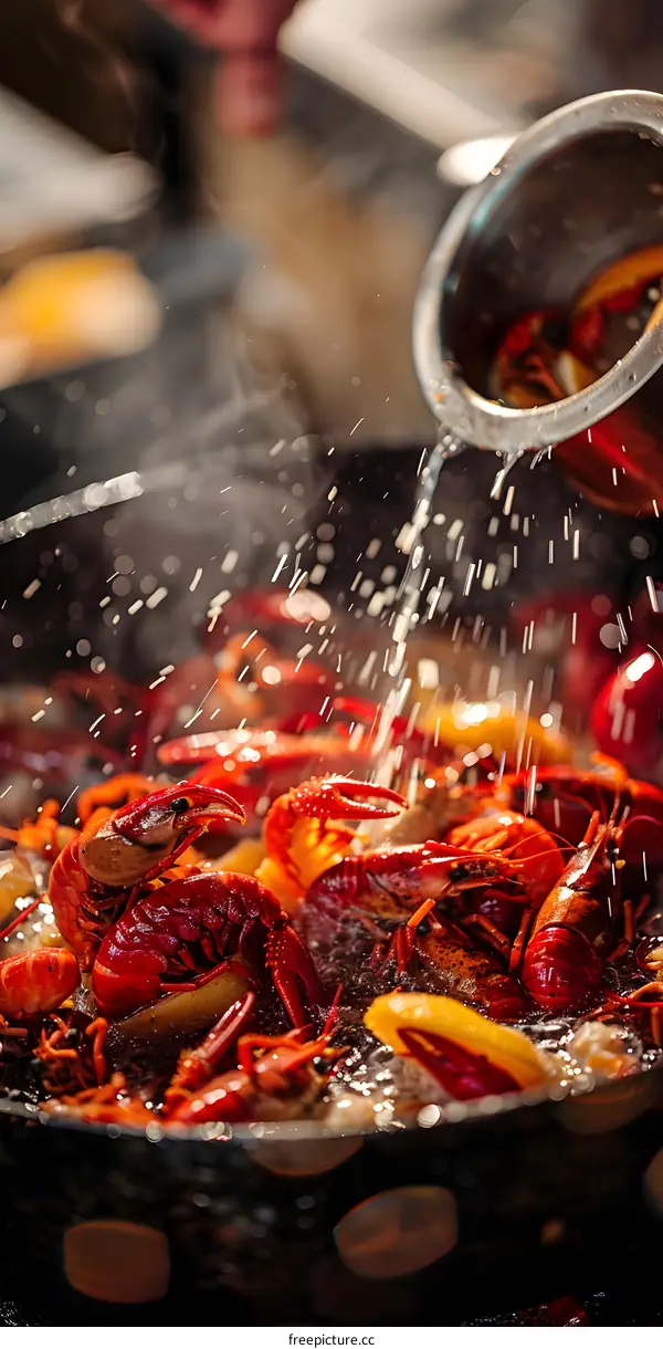 Cooking crayfish in a boiling pot
