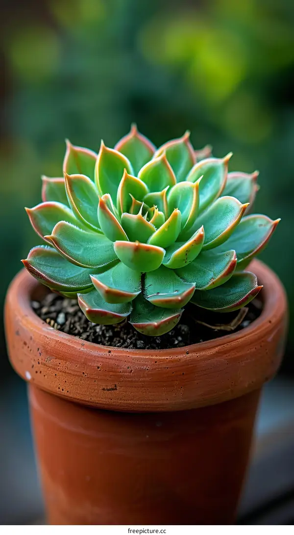 Close-up of a green succulent plant in a clay pot with a blurred background
