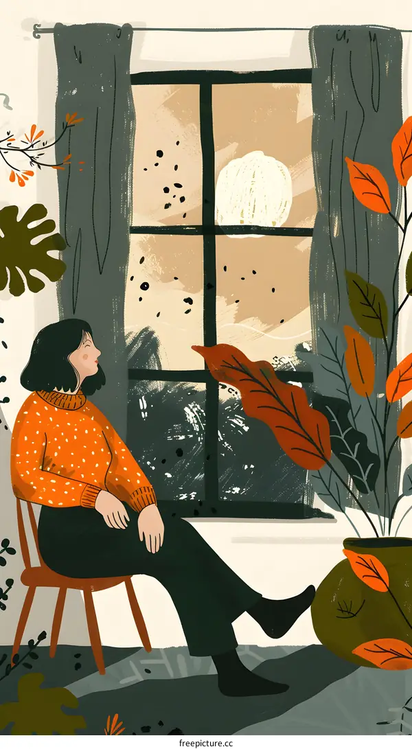 Woman Sitting by Window with Autumnal View