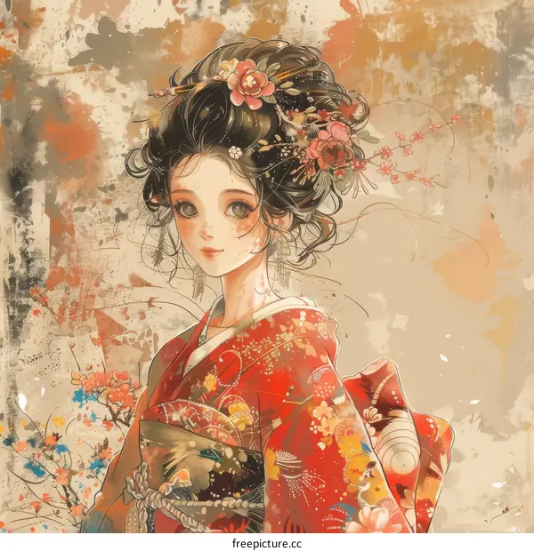 A beautiful Japanese woman wearing a kimono with flowers in her hair