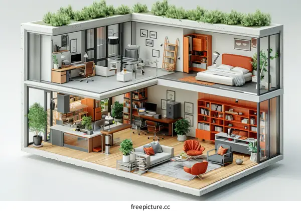Modern home interior in cutaway view