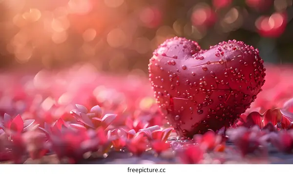 A crystal clear red heart in the blooming flowers