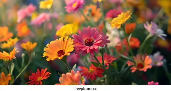 Colorful Flower Field In The Sunset