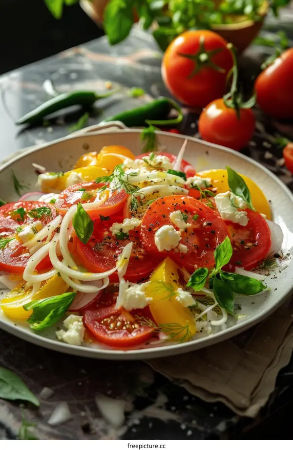 Fresh heirloom tomato salad with basil, red onion and feta cheese