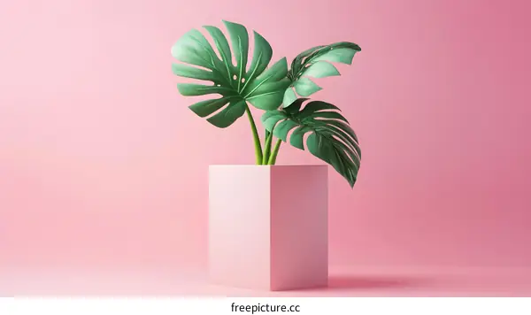 Tropical Plant with Green Leaves in Pink Pot on Pink Background Minimalist Photography