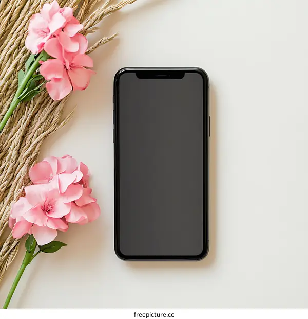 Black Smartphone with Pink Flowers