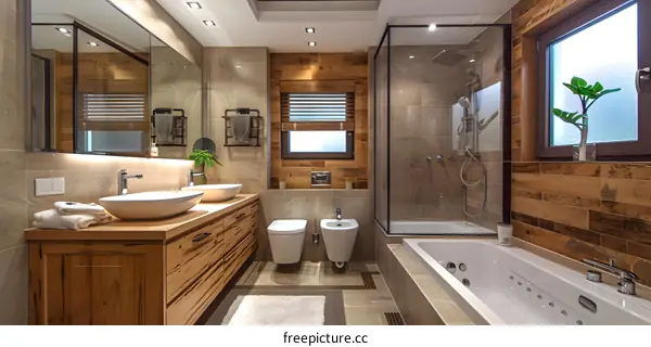 Bathroom interior with wooden wall tiles and large bathtub