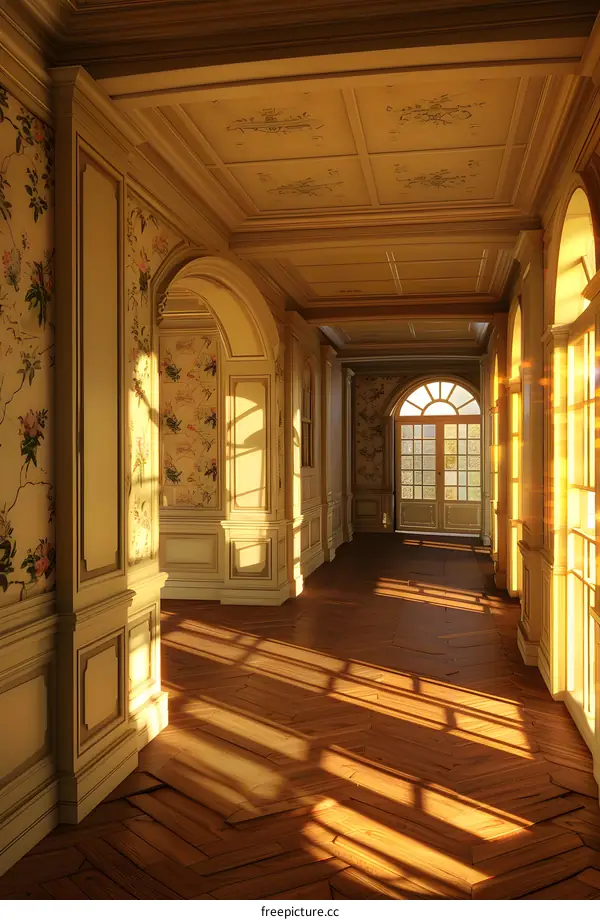 Sunlight Streaming Through Windows in a Grand Hallway
