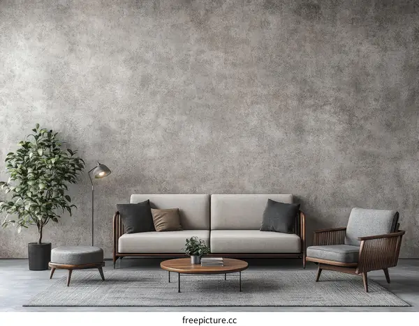 Modern Living Room Interior Design with Concrete Wall