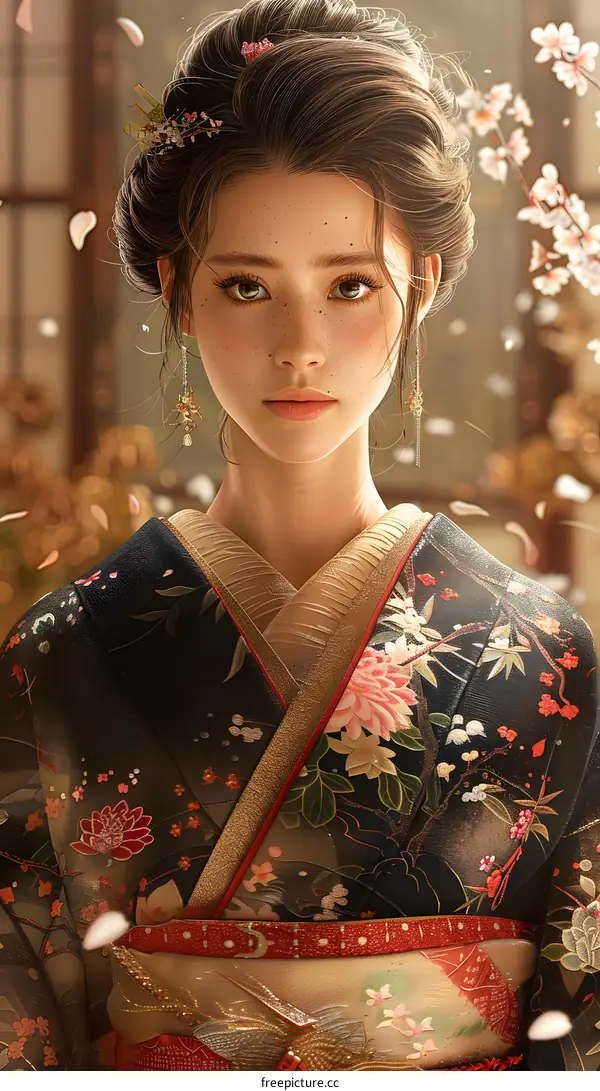 Portrait of a beautiful Asian woman in traditional Japanese kimono with pink flowers in her hair