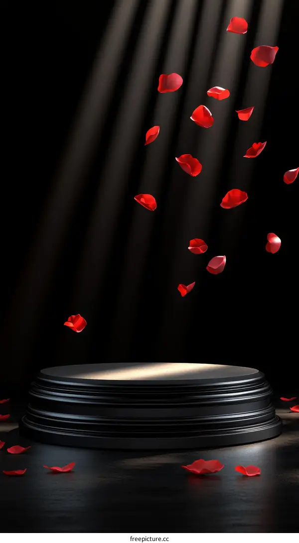 Rose Petals Falling on a Black Podium