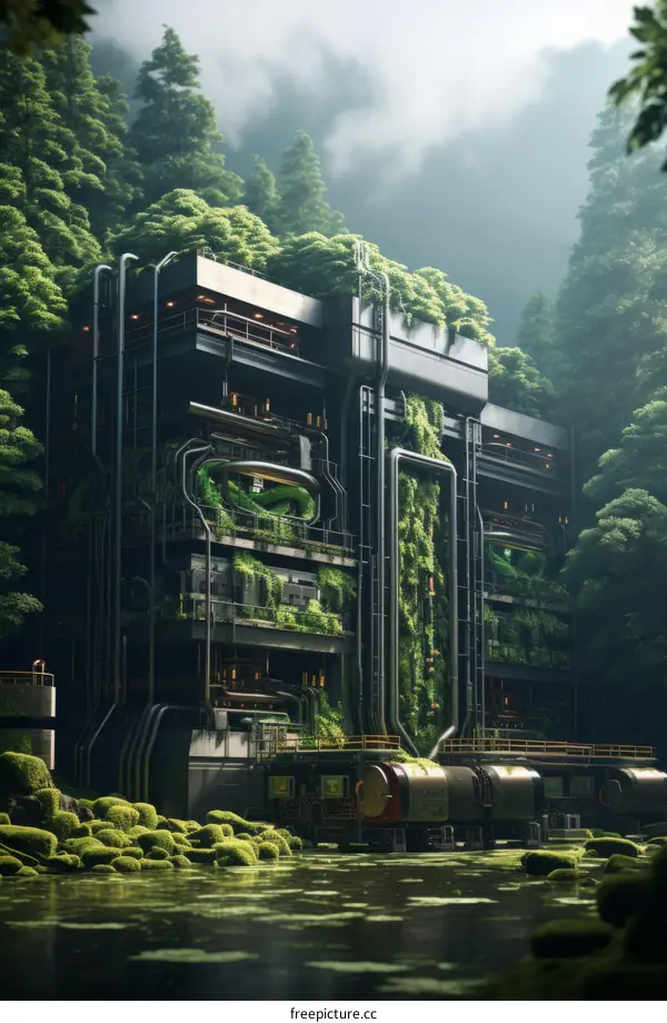 Futuristic overgrown factory