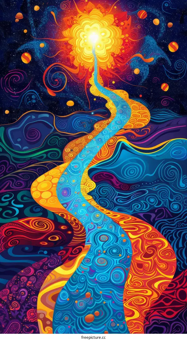 Colorful psychedelic river flowing through a surreal landscape