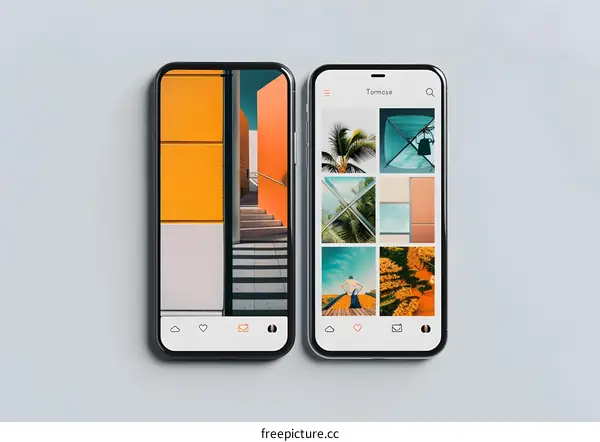 Two Smartphones with Mockup Screens Displaying Photos and App Interface
