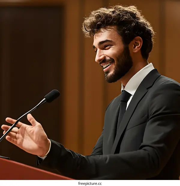 Man in Suit Giving a Speech at a Podium