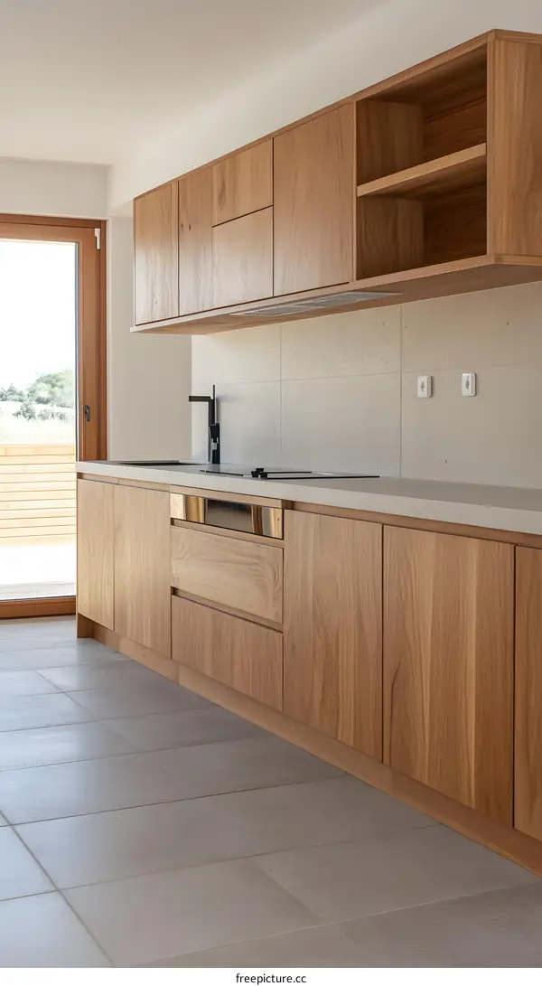 Modern Kitchen Design With Wooden Cabinets and Open Shelves