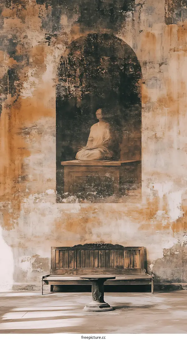 Vintage Wall Painting with Wooden Bench