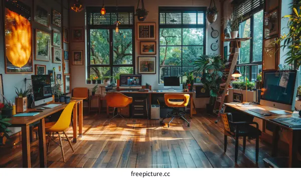 Modern Home Office Setup With Large Windows