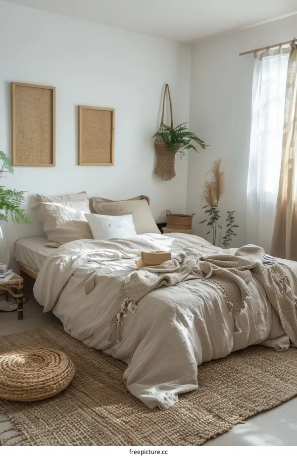Airy and bright bedroom with neutral colors and natural materials