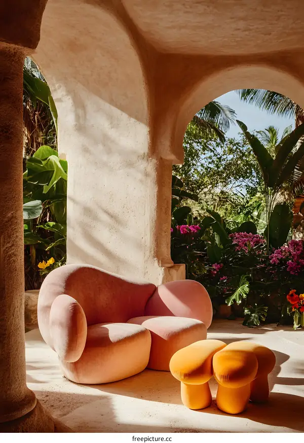 Pink Sofa and Yellow Ottoman in a Garden Patio